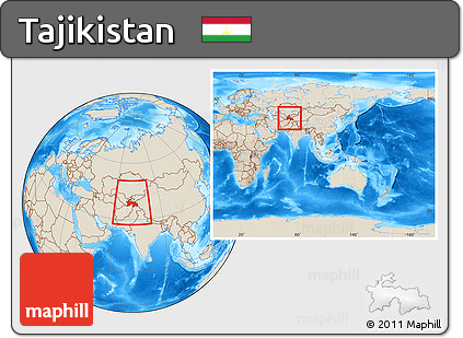 Shaded Relief Location Map of Tajikistan, within the entire continent