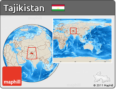 Shaded Relief Location Map of Tajikistan, within the entire continent