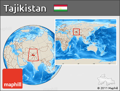 Shaded Relief Location Map of Tajikistan, within the entire continent