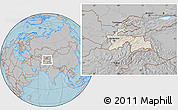 Shaded Relief Location Map of Tajikistan, gray outside, hill shading