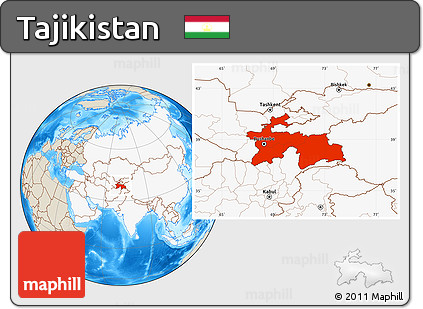 Shaded Relief Location Map of Tajikistan, highlighted continent