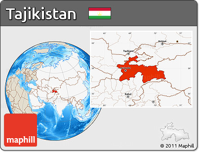Shaded Relief Location Map of Tajikistan, highlighted continent