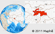 Shaded Relief Location Map of Tajikistan, highlighted continent