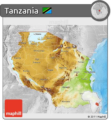 Physical 3D Map of Tanzania, lighten, desaturated, land only