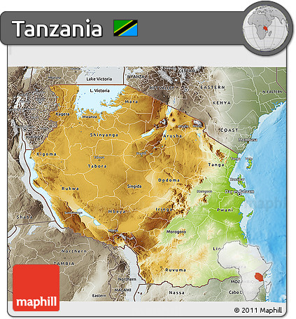 Physical 3D Map of Tanzania, semi-desaturated, land only