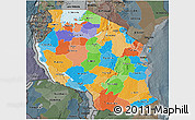 Political 3D Map of Tanzania, darken, semi-desaturated