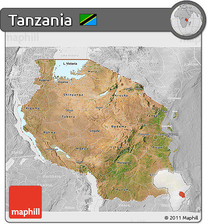 Satellite 3D Map of Tanzania, lighten, desaturated