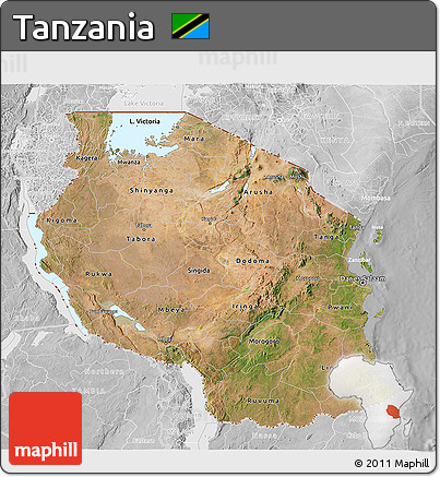Satellite 3D Map of Tanzania, lighten, desaturated