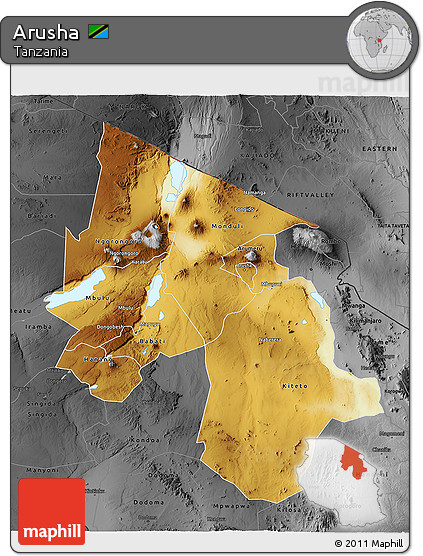 Physical 3D Map of Arusha, darken, desaturated