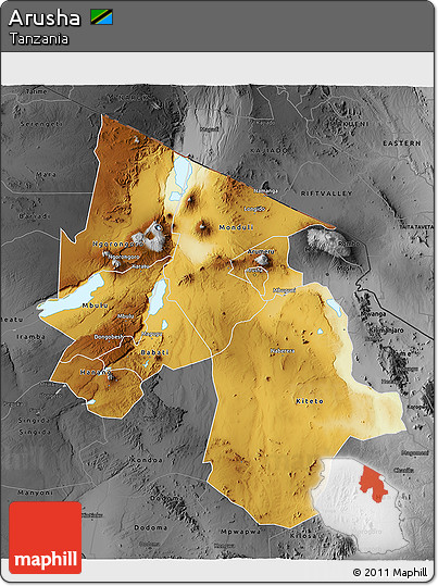 Physical 3D Map of Arusha, darken, desaturated