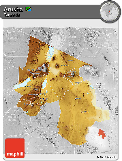 Physical 3D Map of Arusha, lighten, desaturated