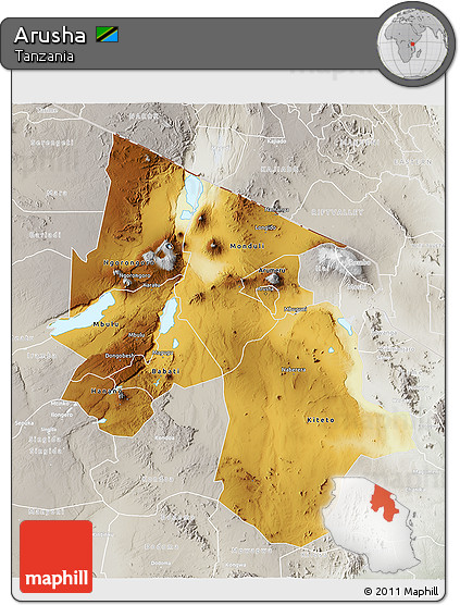 Physical 3D Map of Arusha, lighten, semi-desaturated