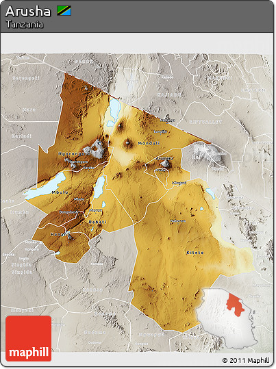 Physical 3D Map of Arusha, lighten, semi-desaturated