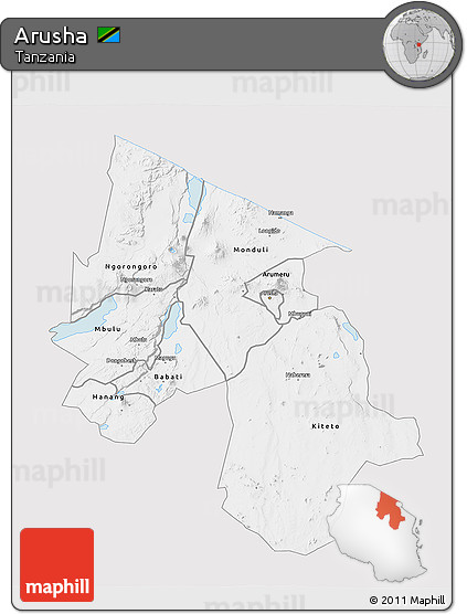 Silver Style 3D Map of Arusha, single color outside