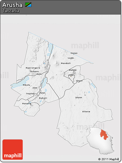 Silver Style 3D Map of Arusha, single color outside