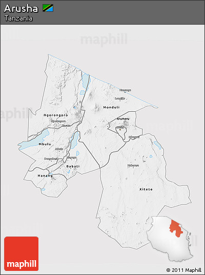 Silver Style 3D Map of Arusha, single color outside