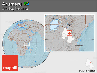 Gray Location Map of Arumeru, highlighted parent region, hill shading
