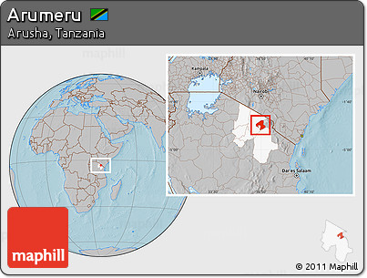 Gray Location Map of Arumeru, highlighted parent region, hill shading
