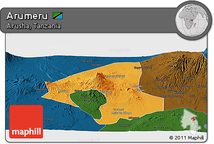 Political Panoramic Map of Arumeru, darken
