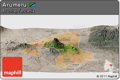 Satellite Panoramic Map of Arumeru, semi-desaturated