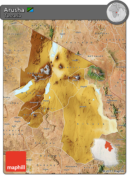 Physical Map of Arusha, satellite outside