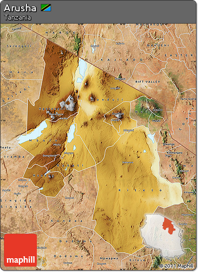 Physical Map of Arusha, satellite outside