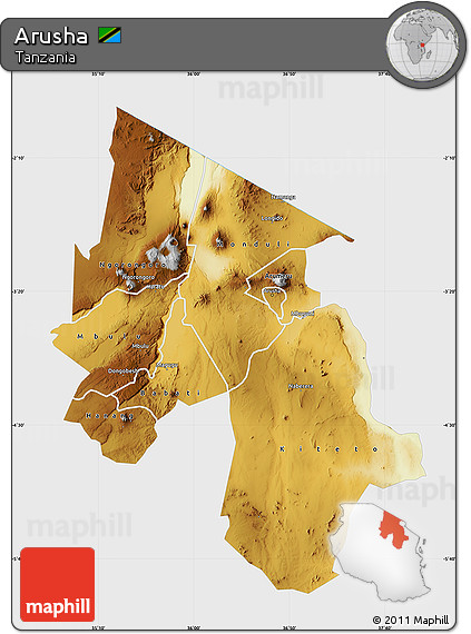 Physical Map of Arusha, single color outside