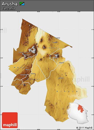 Physical Map of Arusha, single color outside