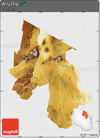 Physical Map of Arusha, single color outside