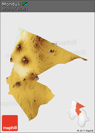 Physical 3D Map of Monduli, single color outside