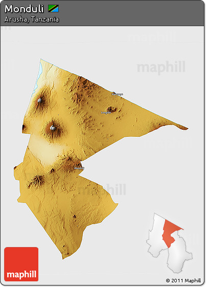 Physical 3D Map of Monduli, single color outside