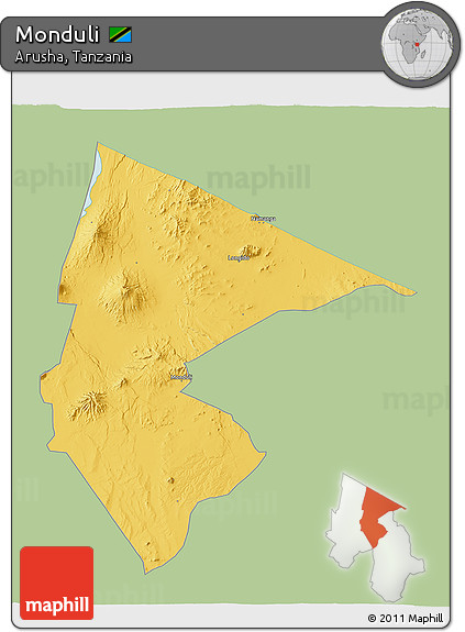 Savanna Style 3D Map of Monduli, single color outside