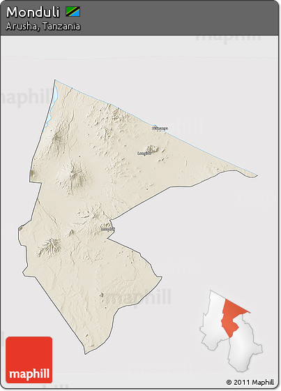 Shaded Relief 3D Map of Monduli, single color outside