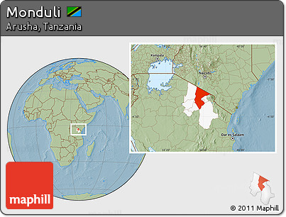 Savanna Style Location Map of Monduli, highlighted parent region, hill shading