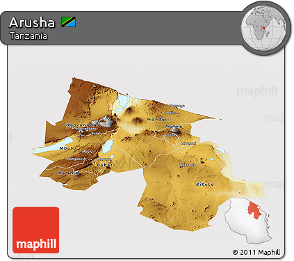 Physical Panoramic Map of Arusha, cropped outside