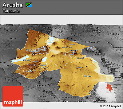 Physical Panoramic Map of Arusha, darken, desaturated