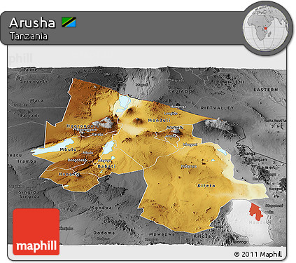 Physical Panoramic Map of Arusha, darken, desaturated