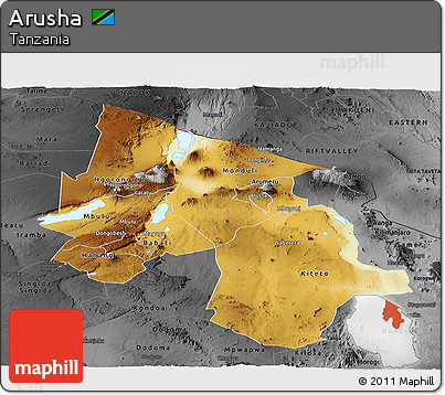 Physical Panoramic Map of Arusha, darken, desaturated