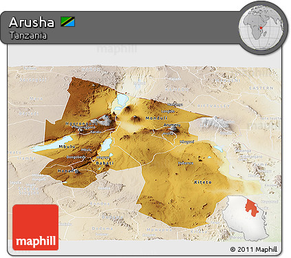 Physical Panoramic Map of Arusha, lighten