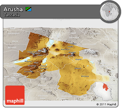 Physical Panoramic Map of Arusha, lighten, semi-desaturated