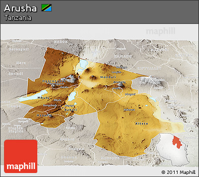 Physical Panoramic Map of Arusha, lighten, semi-desaturated