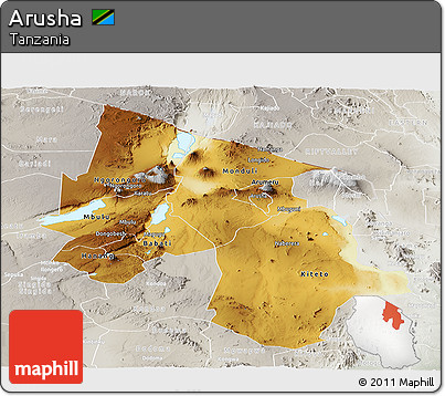 Physical Panoramic Map of Arusha, lighten, semi-desaturated