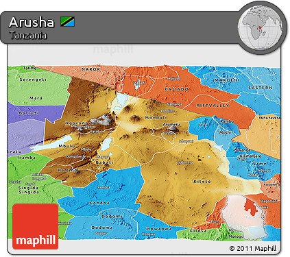Physical Panoramic Map of Arusha, political shades outside