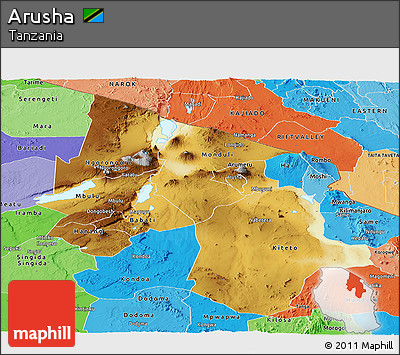 Physical Panoramic Map of Arusha, political shades outside