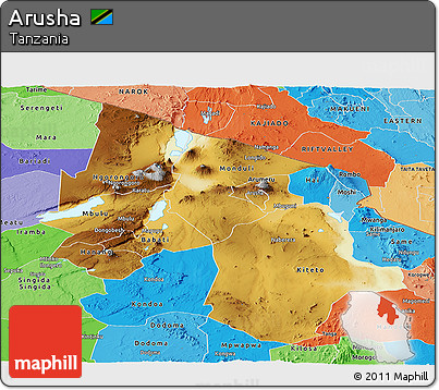 Physical Panoramic Map of Arusha, political shades outside