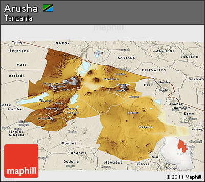Physical Panoramic Map of Arusha, shaded relief outside