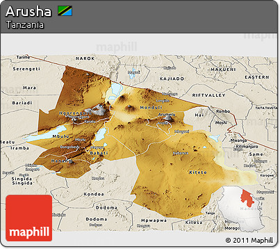 Physical Panoramic Map of Arusha, shaded relief outside