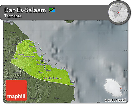 Physical Map of Dar-Es-Salaam, darken, semi-desaturated