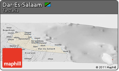 Shaded Relief Panoramic Map of Dar-Es-Salaam, desaturated