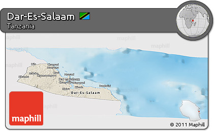 Shaded Relief Panoramic Map of Dar-Es-Salaam, single color outside